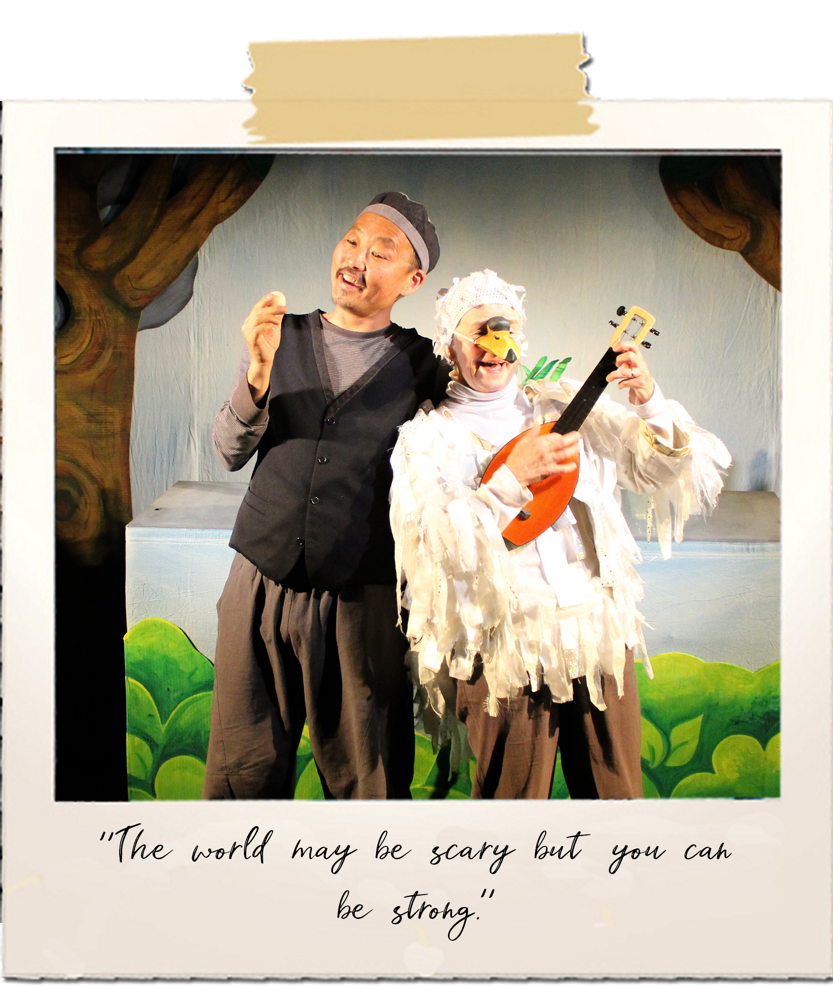 A man and a woman dressed as a swan sing together